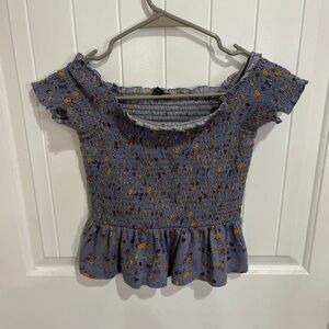 American Eagle Outfitters Floral Smocked Peplum Top - Blue and Yellow Size XS EU